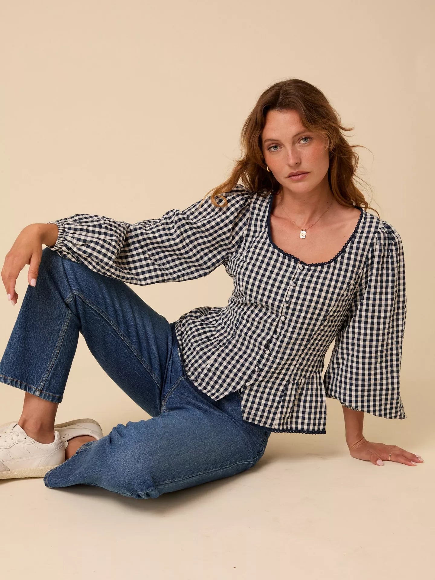 Edie Gingham Long Sleeve Top - Navy
