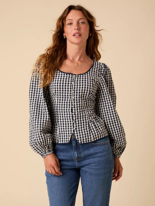 Edie Gingham Long Sleeve Top - Navy
