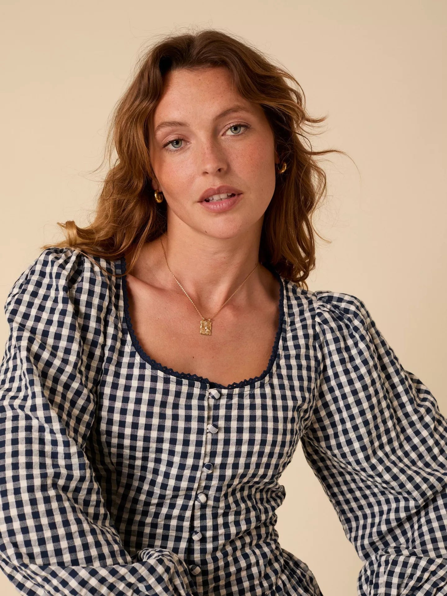 Edie Gingham Long Sleeve Top - Navy