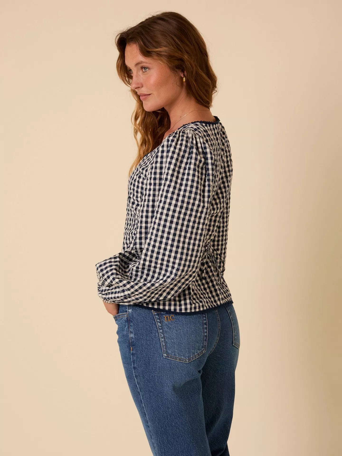Edie Gingham Long Sleeve Top - Navy
