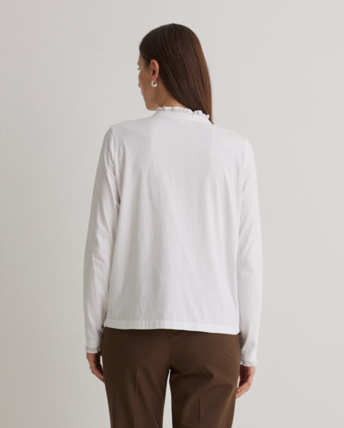 Ruffled Henley Long Sleeve Top - White