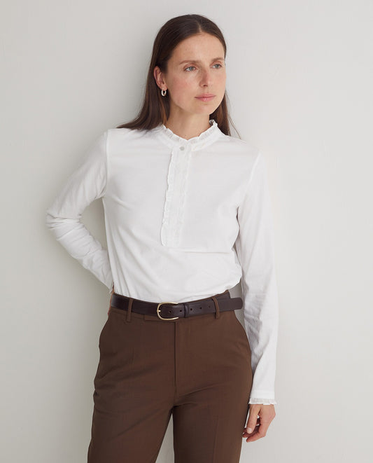 Ruffled Henley Long Sleeve Top - White