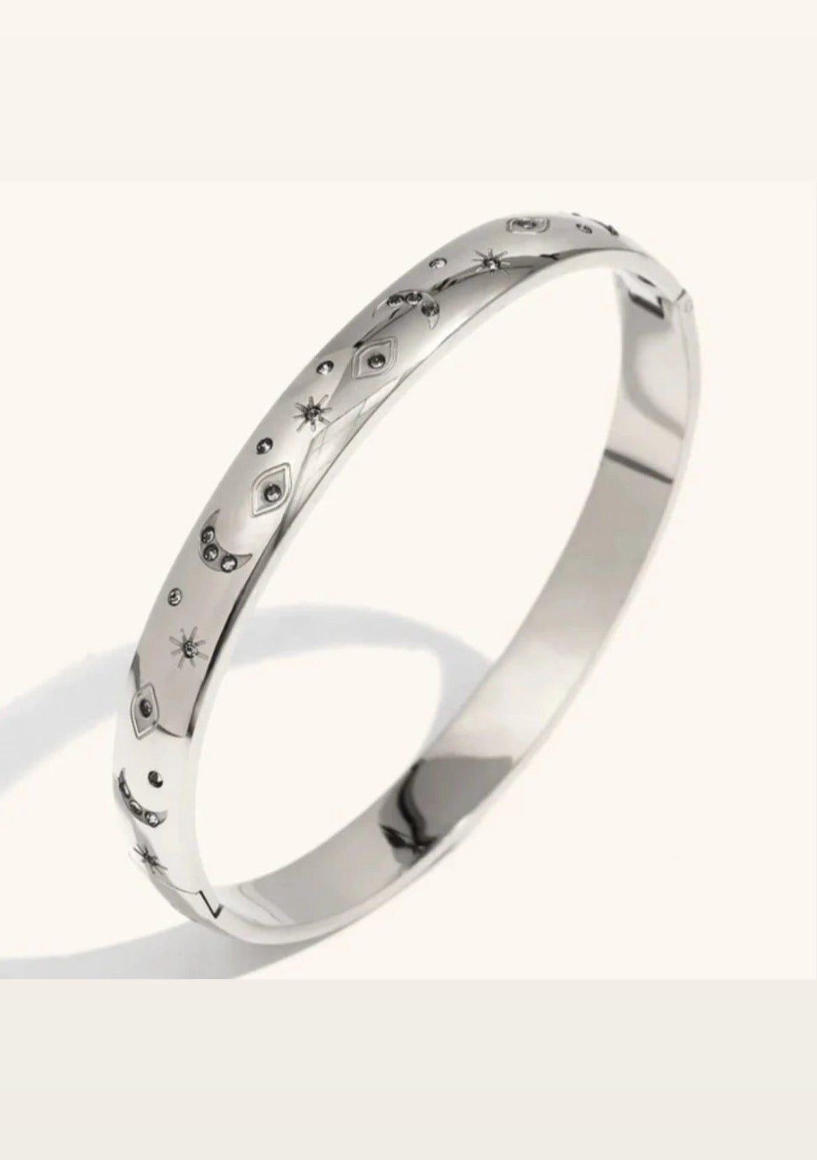 Moon and Star Engraved Bracelet Bangle - Silver