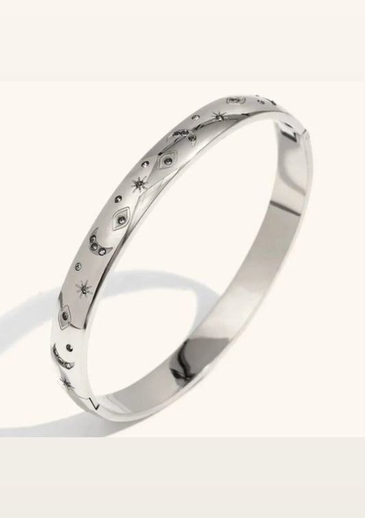 Moon and Star Engraved Bracelet Bangle - Silver