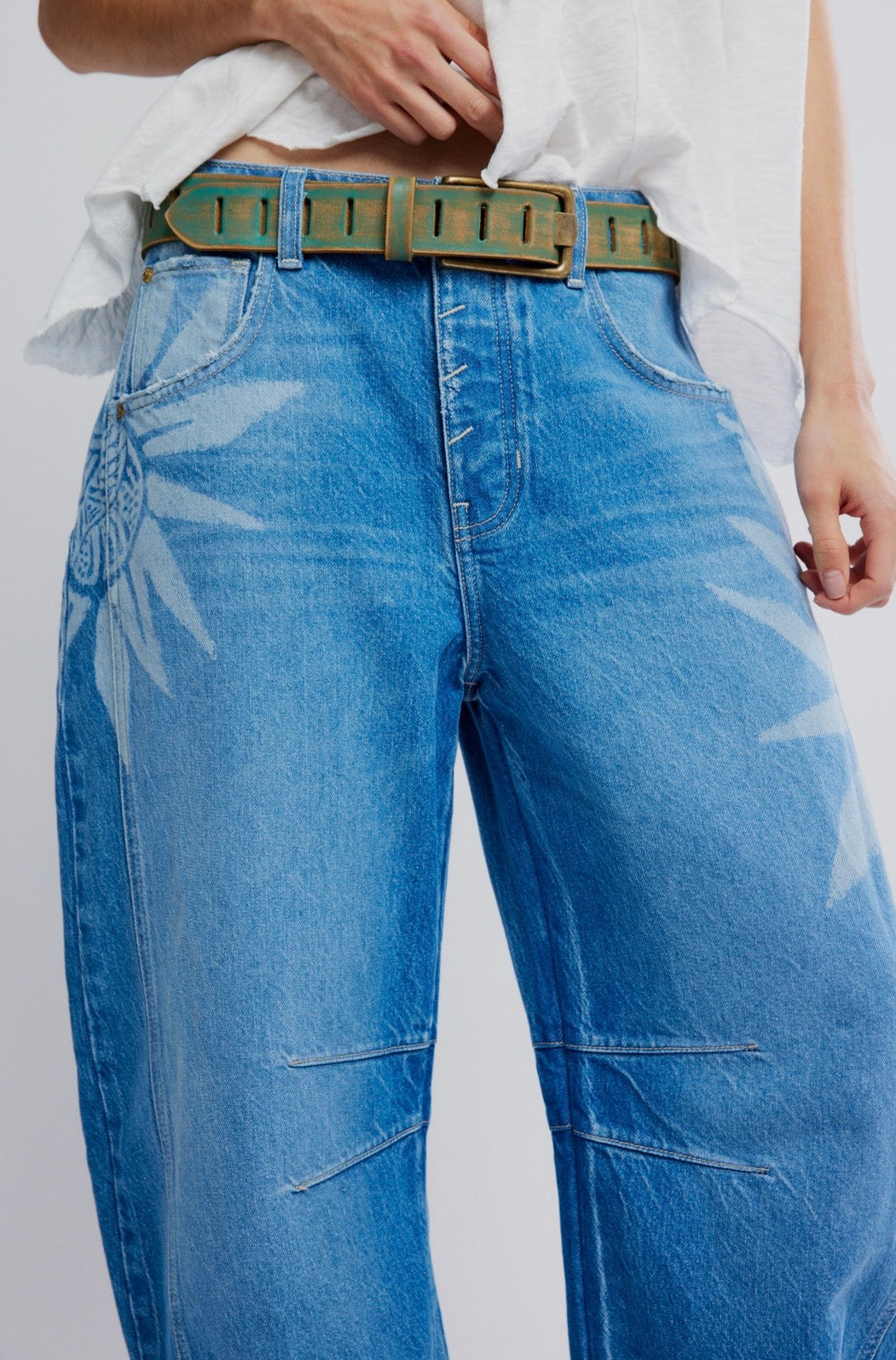 We The Free Good Luck Printed Barrel Jeans - Indigo Blue