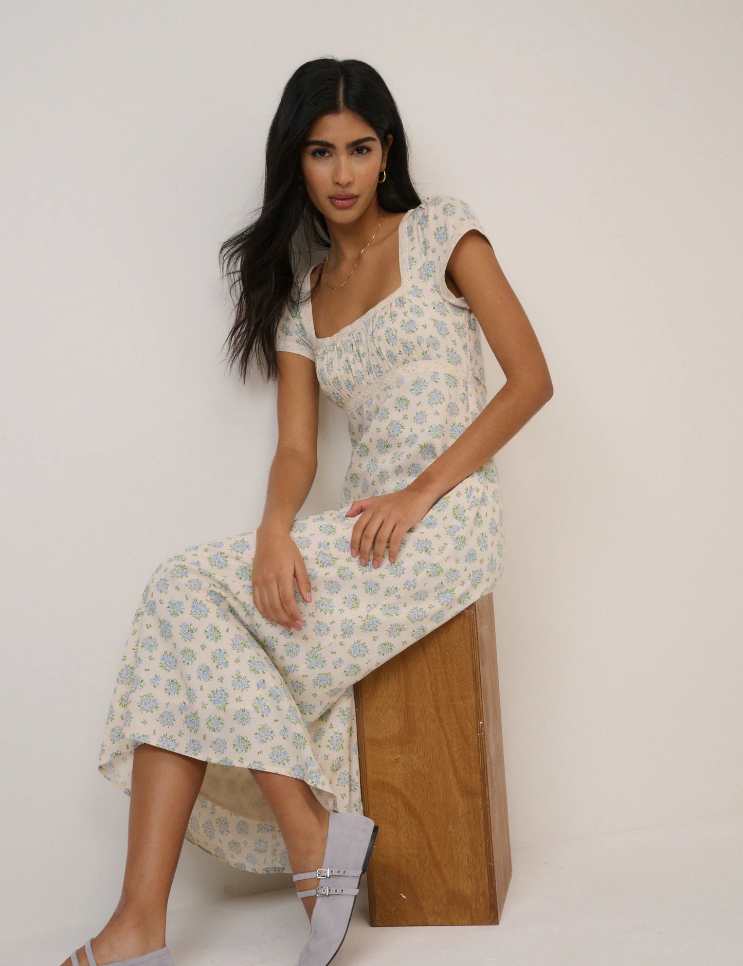 Blue Ditsy Floral Charlotte Midi Dress