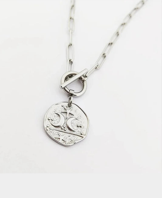 Moon & Star T Bar Paperclip Chain Necklace - Silver