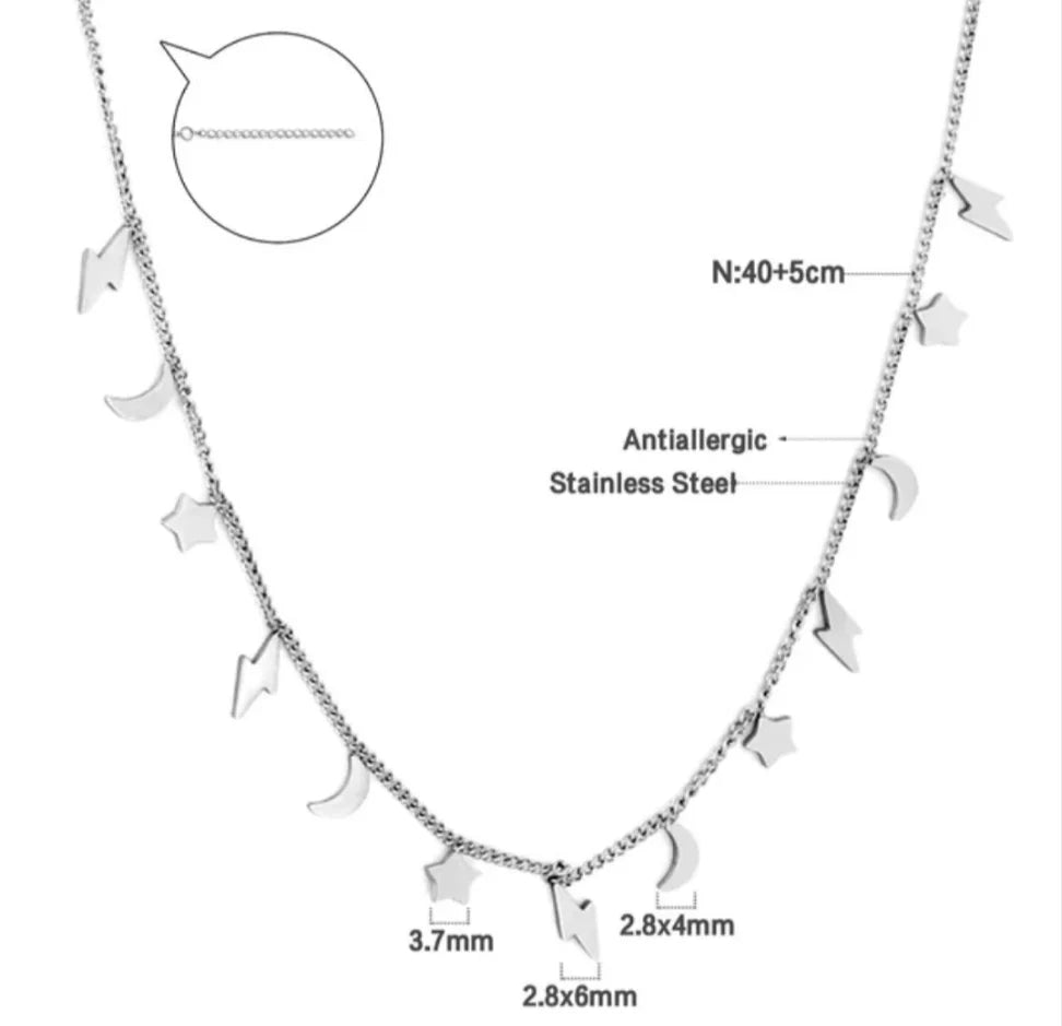 Moon, Stars & Lightning Bolt Necklace - Silver