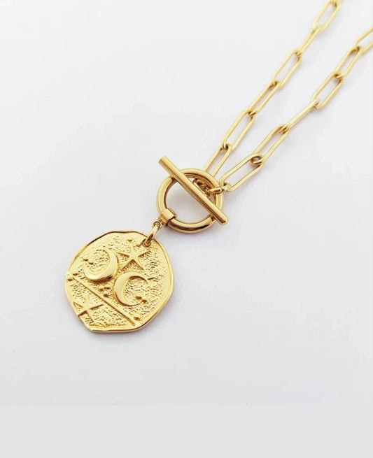 Moon & Star T Bar Paperclip Chain Necklace - Gold