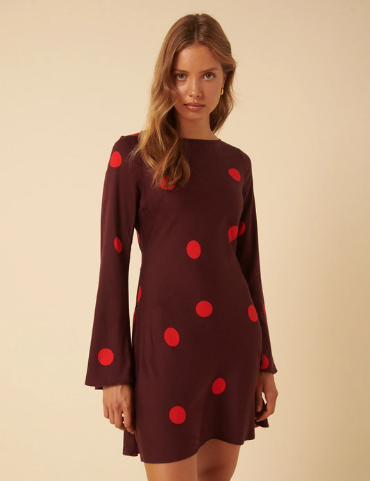 Polka Dot Long Sleeve Romy Mini Dress - Burgundy