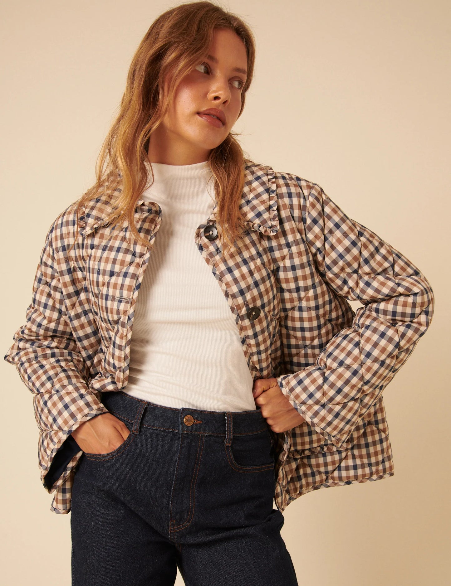 Check Frill Quilted Jacket - Beige