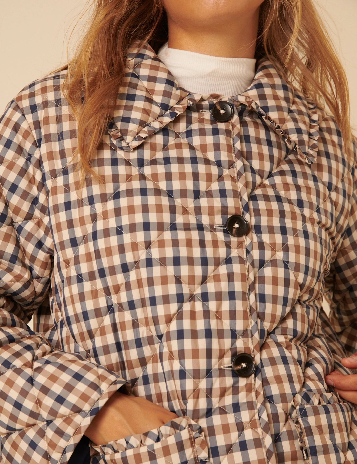 Check Frill Quilted Jacket - Beige