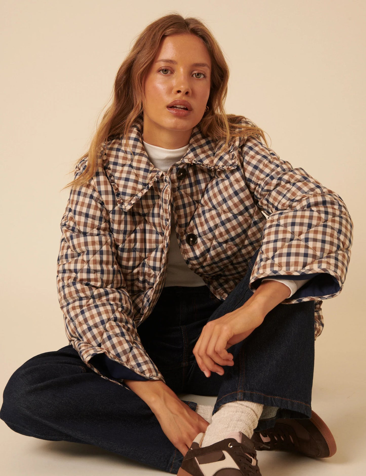 Check Frill Quilted Jacket - Beige