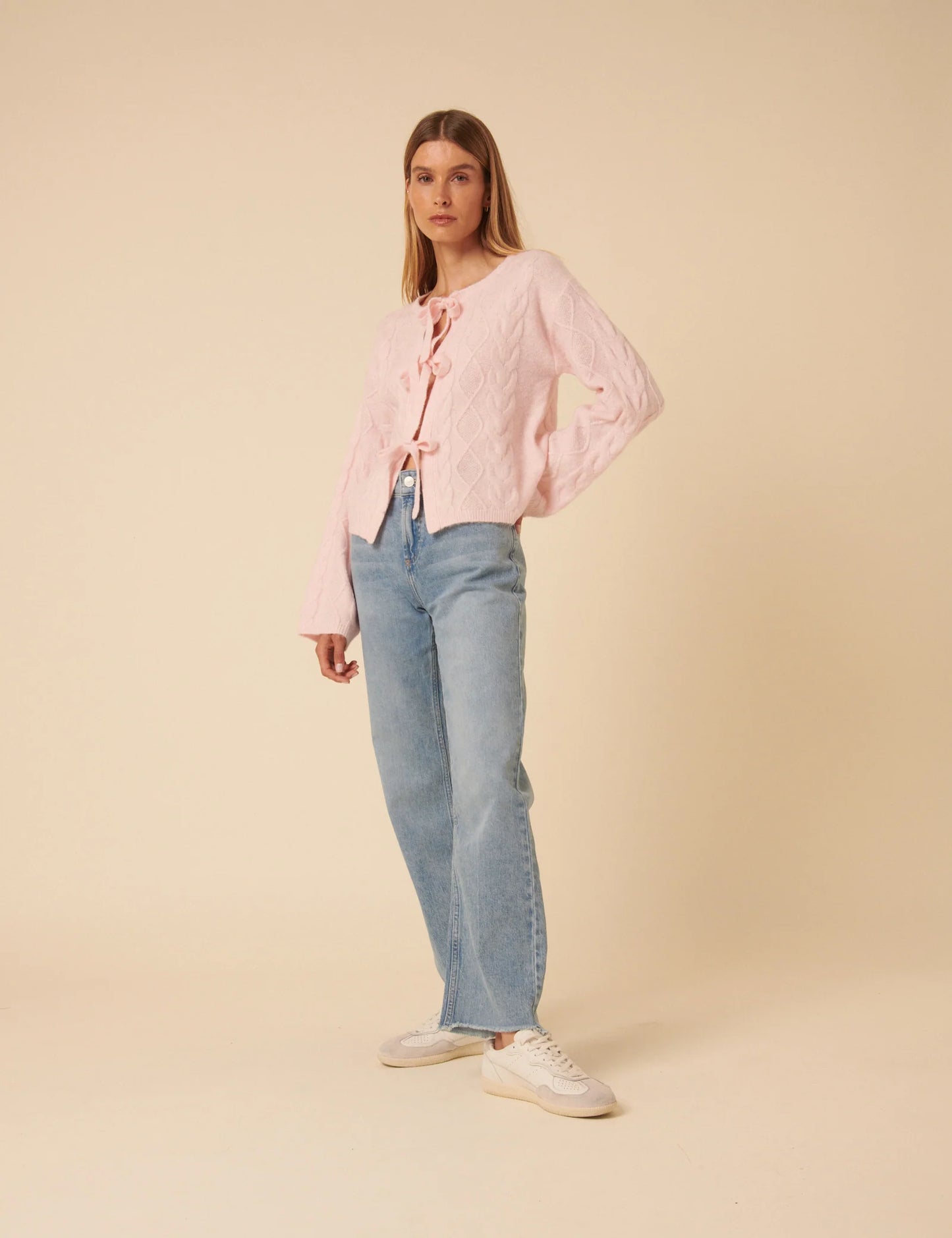 Tie Front Cable Knitted Cardigan - Pink