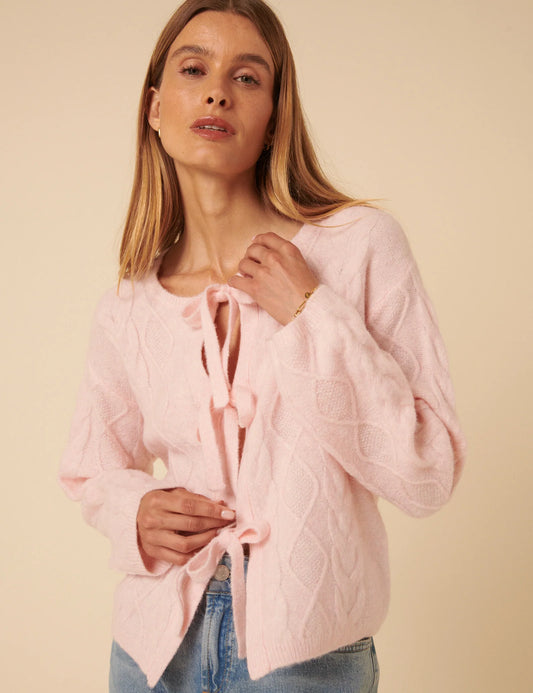 Tie Front Cable Knitted Cardigan - Pink