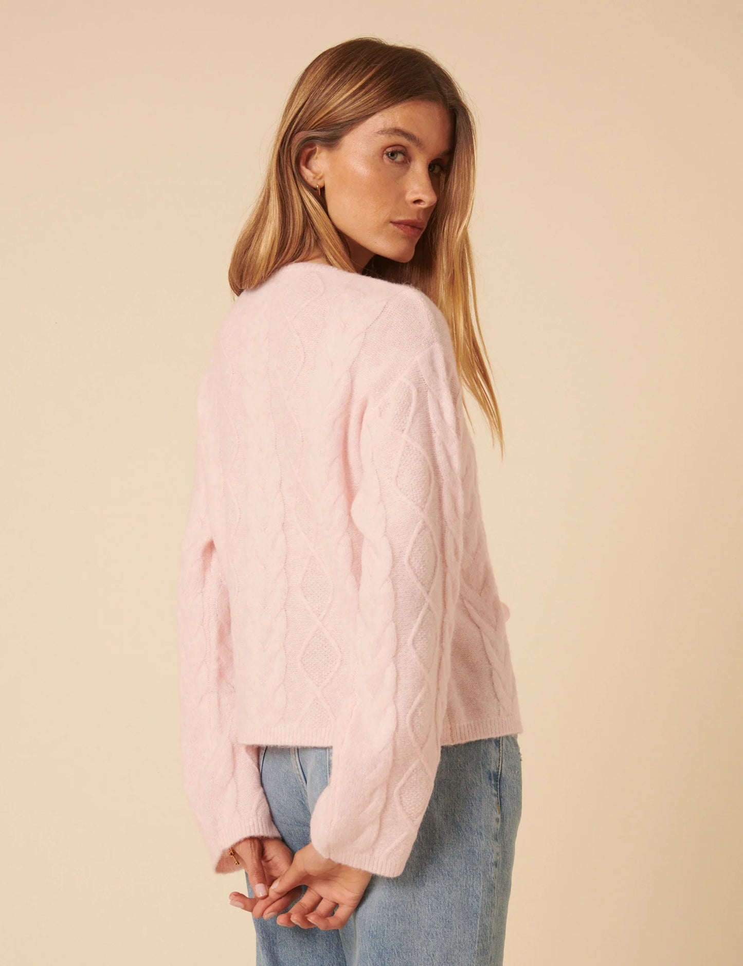 Tie Front Cable Knitted Cardigan - Pink