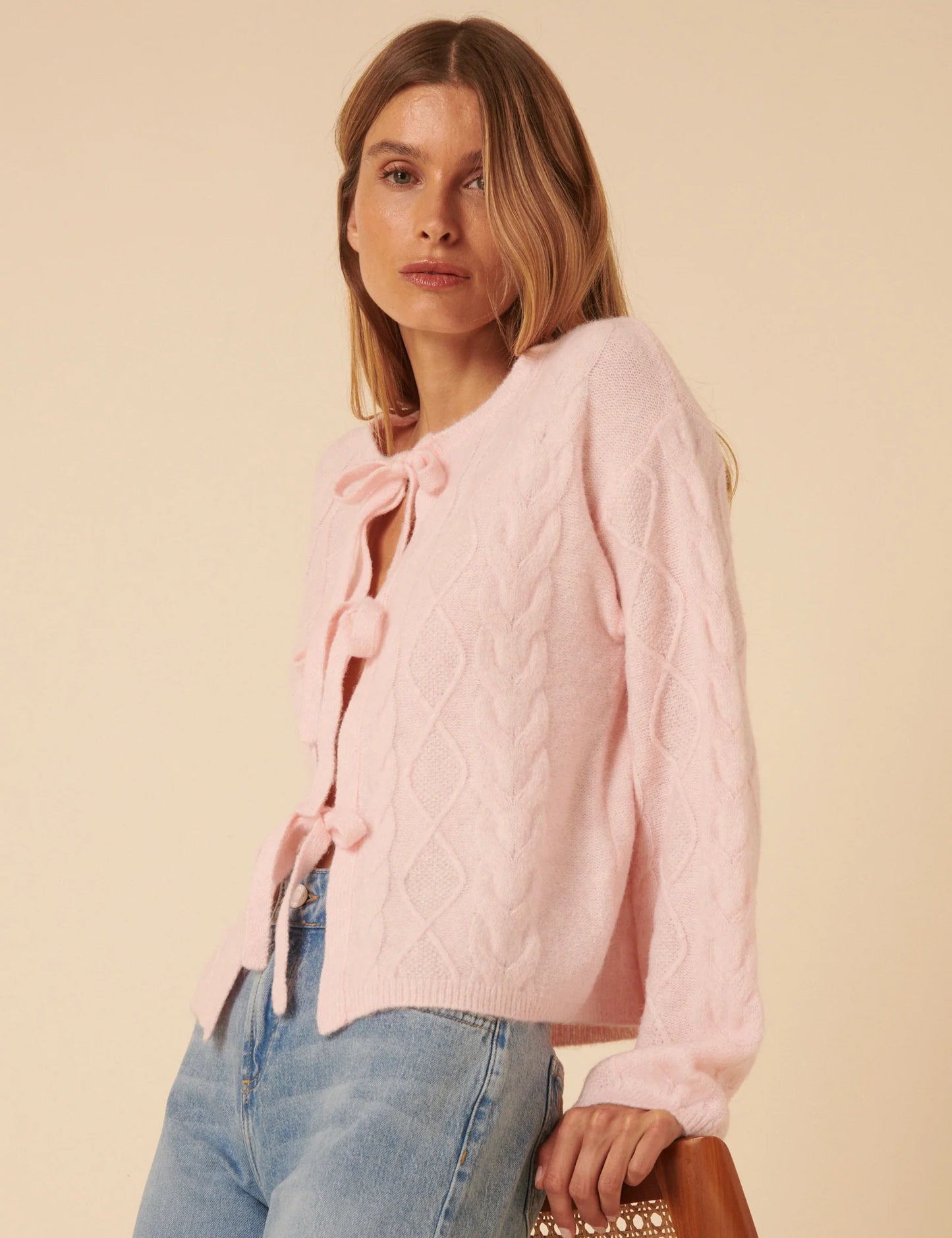 Tie Front Cable Knitted Cardigan - Pink