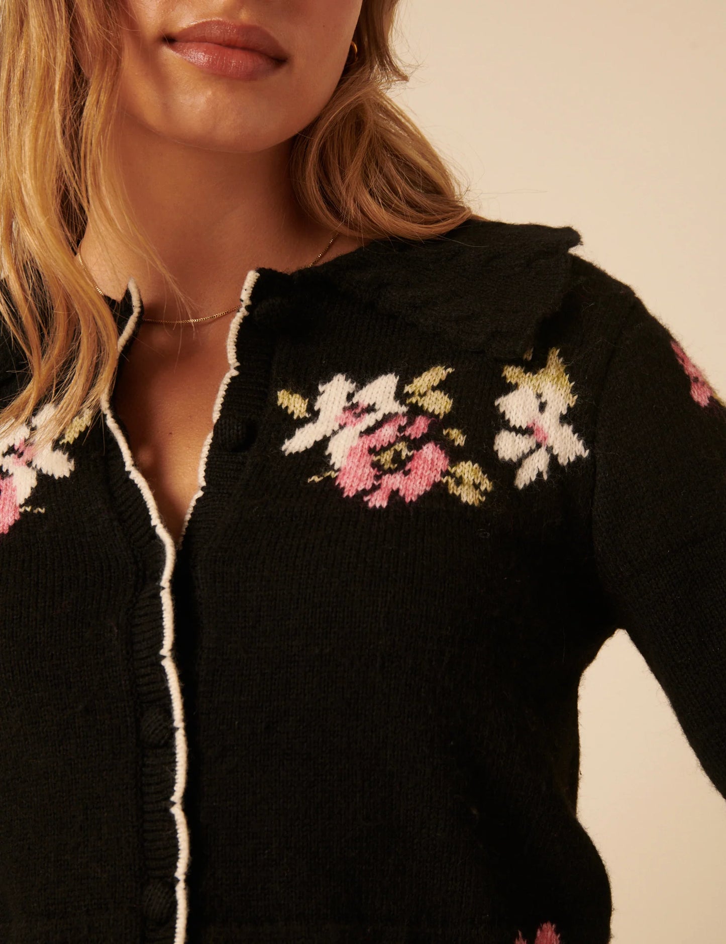 Floral Jaquard Collared Cardigan - Black