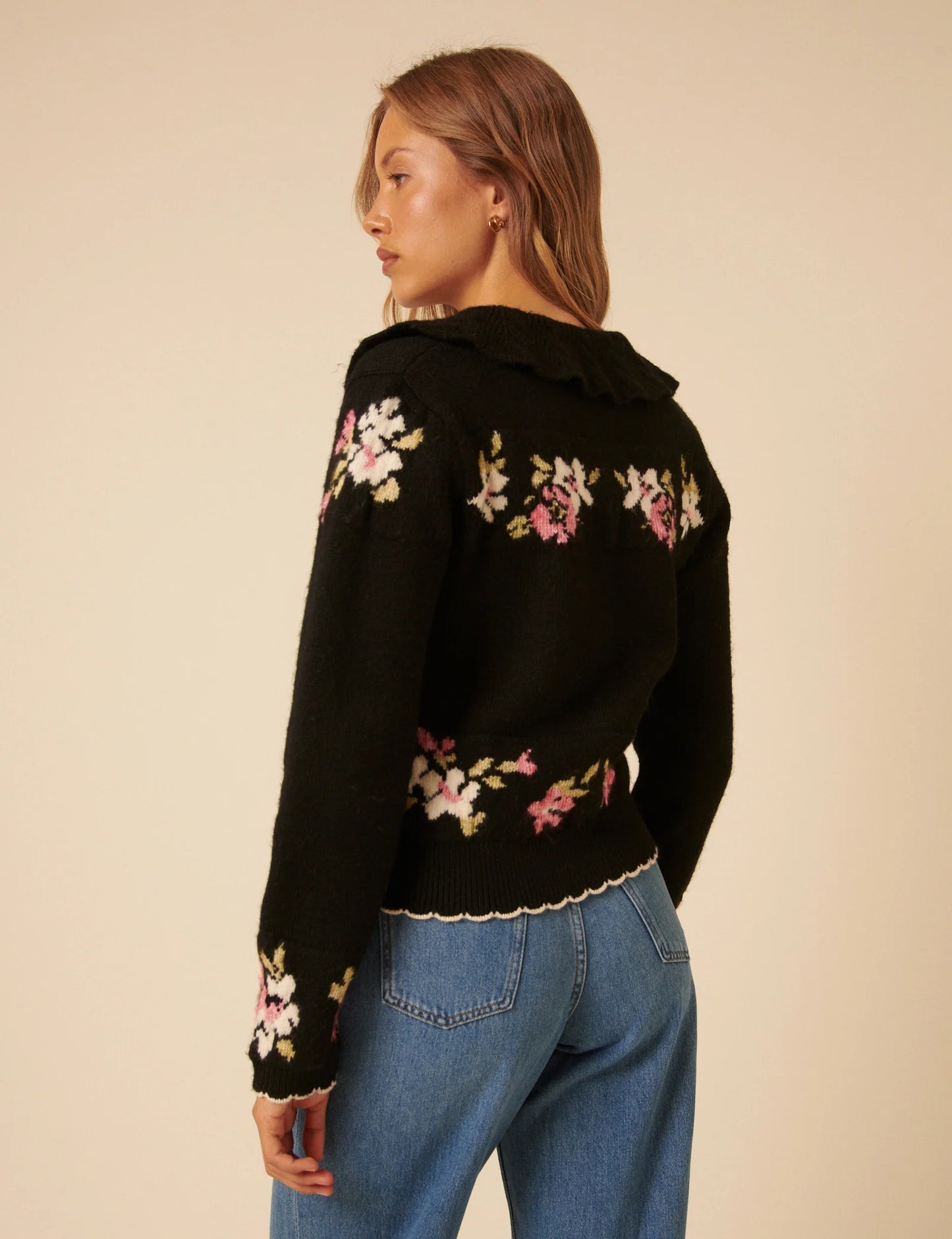 Floral Jaquard Collared Cardigan - Black