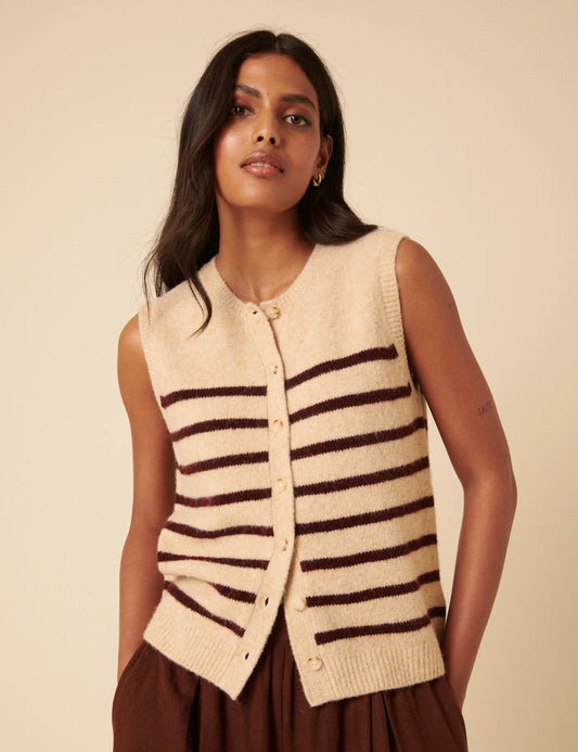 Striped Button Through Knitted Vest - Beige