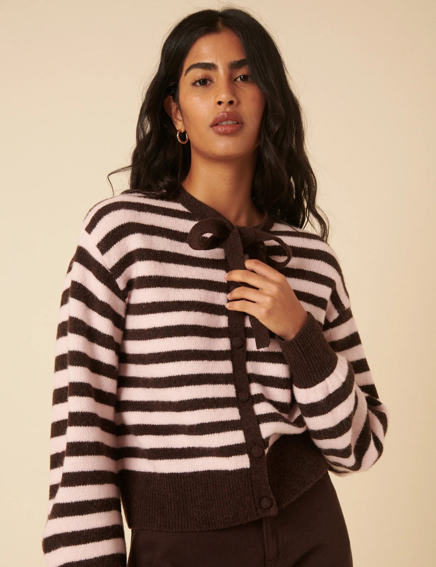 Striped Tie Neck Cardigan - Brown And Pink