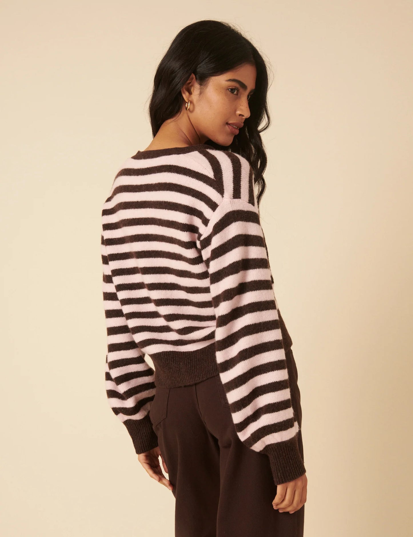 Striped Tie Neck Cardigan - Brown And Pink