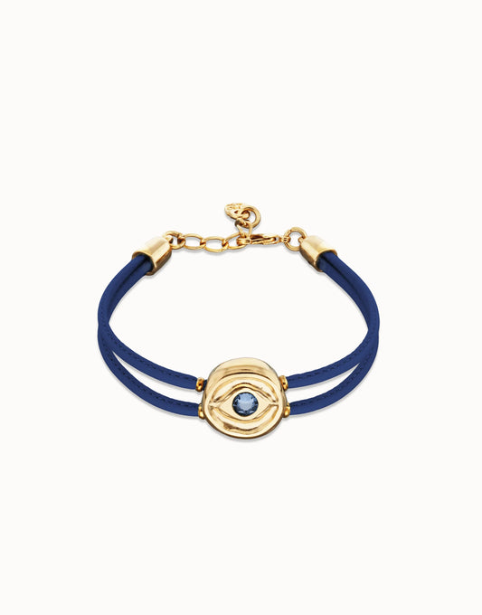 Double Navy Leather Bracelet with Eye - Gold