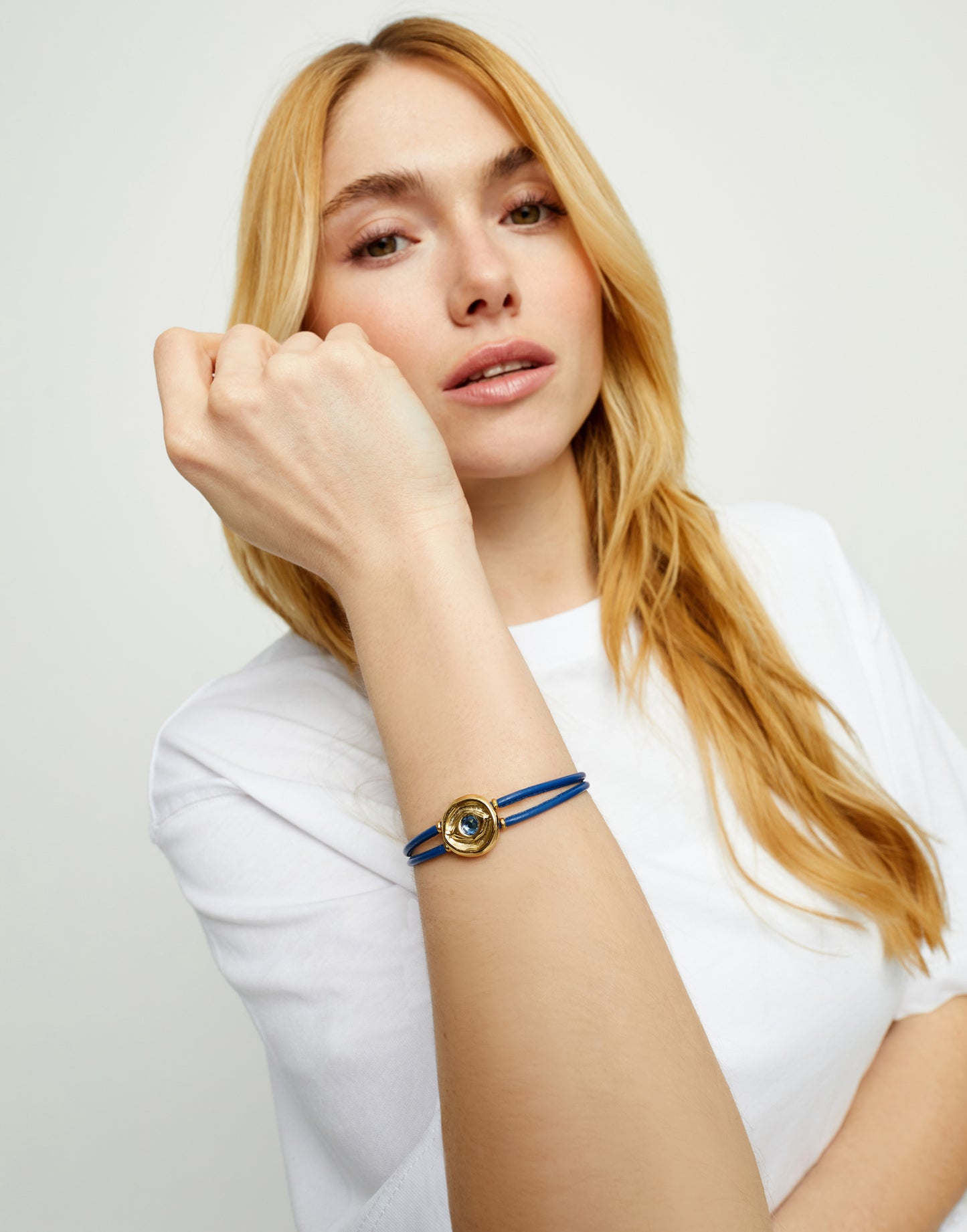 Double Navy Leather Bracelet with Eye - Gold