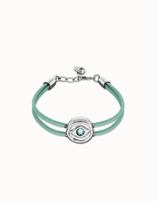 Double Turquoise Leather Bracelet with Eye - Silver