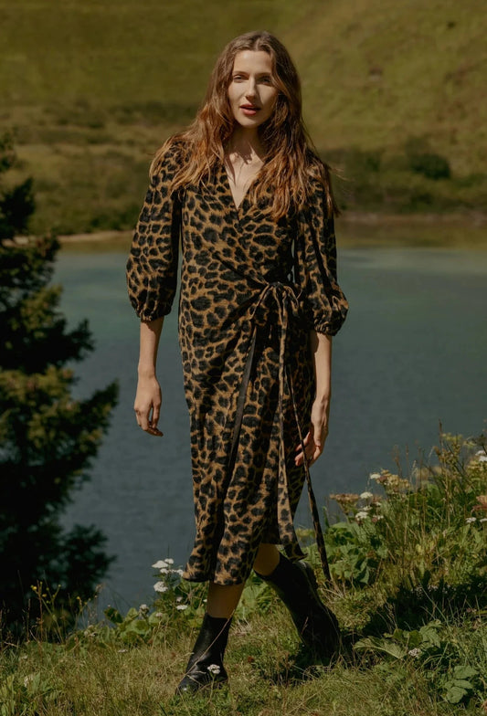 Proceed With Caution Wrap Dress - Leopard