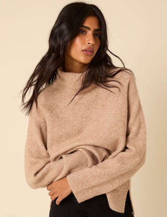 Roll Neck Relaxed Knitted Jumper - Beige