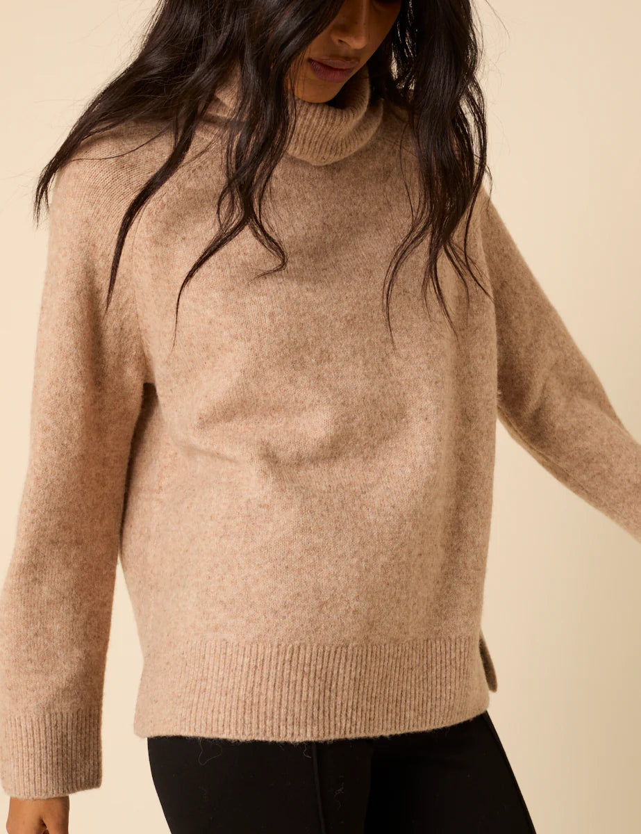 Roll Neck Relaxed Knitted Jumper - Beige
