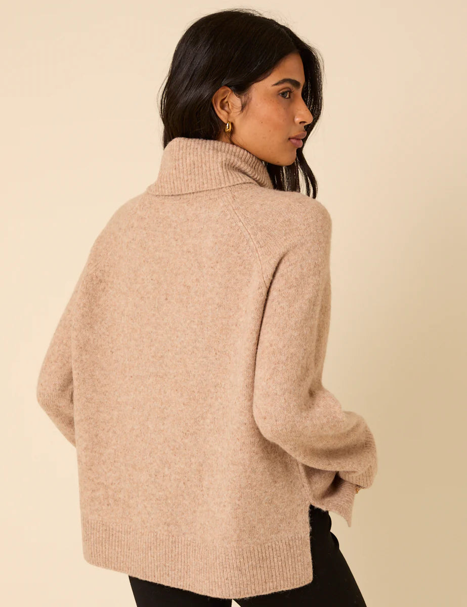 Roll Neck Relaxed Knitted Jumper - Beige