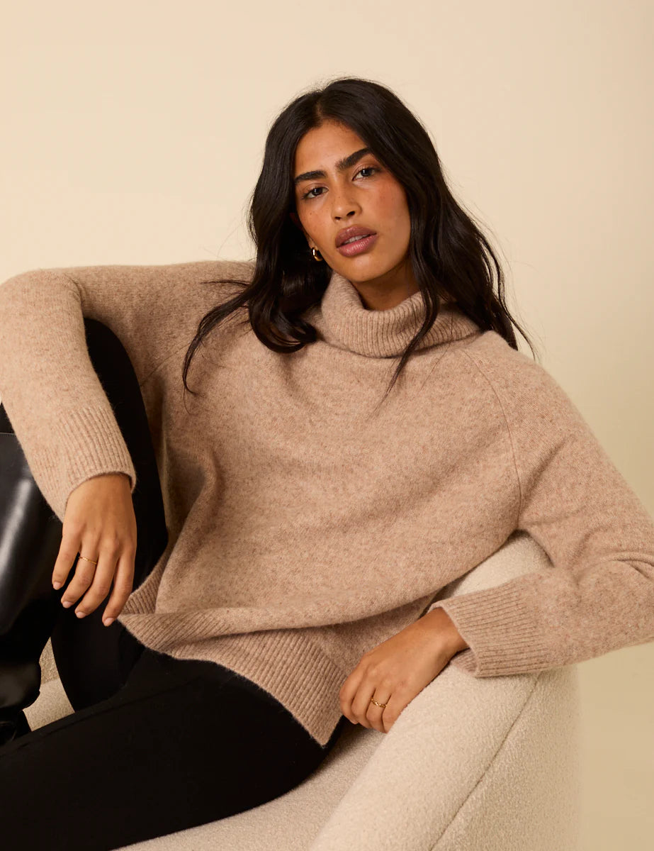 Roll Neck Relaxed Knitted Jumper - Beige