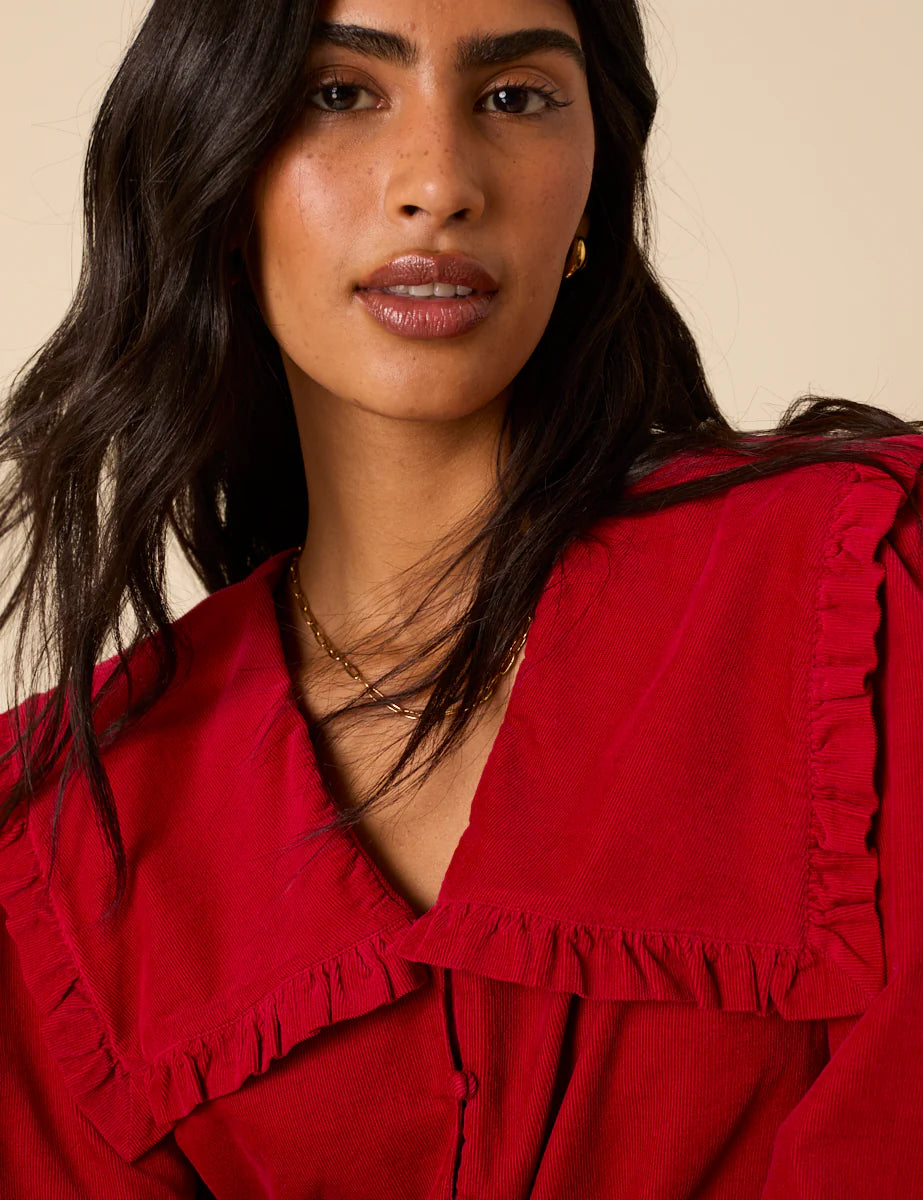 Cord Peter Pan Collar Blouse - Red