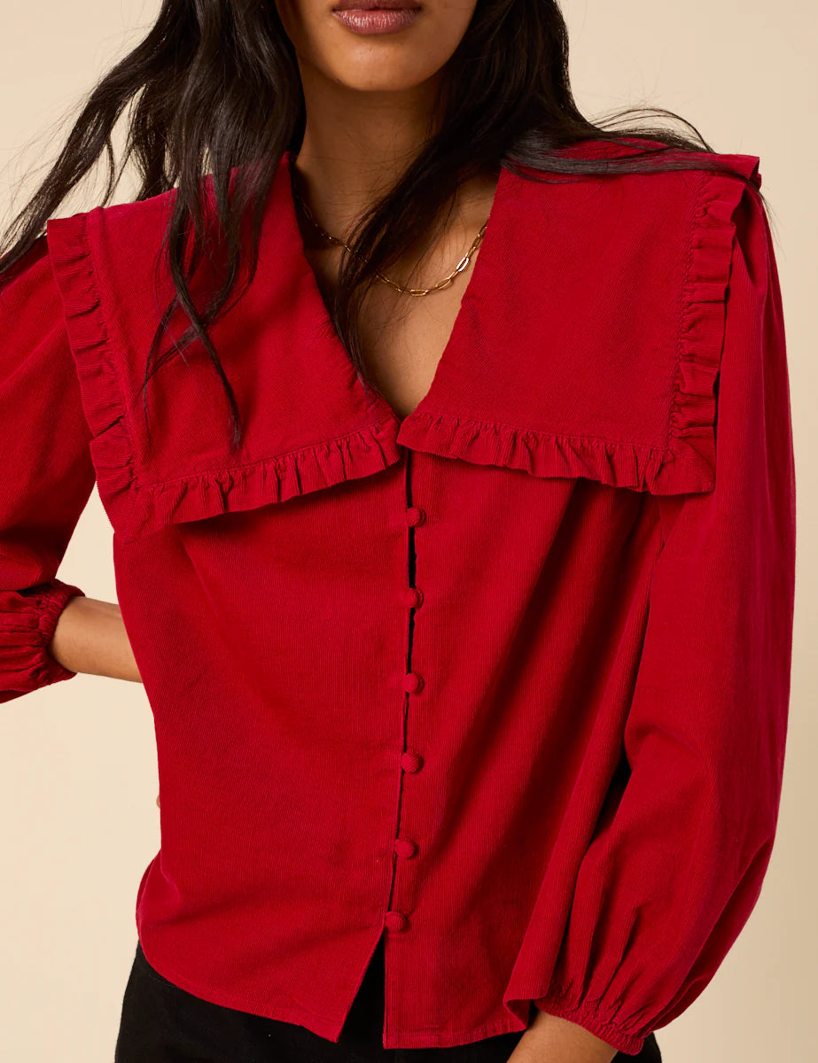 Cord Peter Pan Collar Blouse - Red