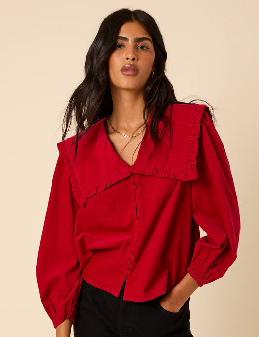 Cord Peter Pan Collar Blouse - Red