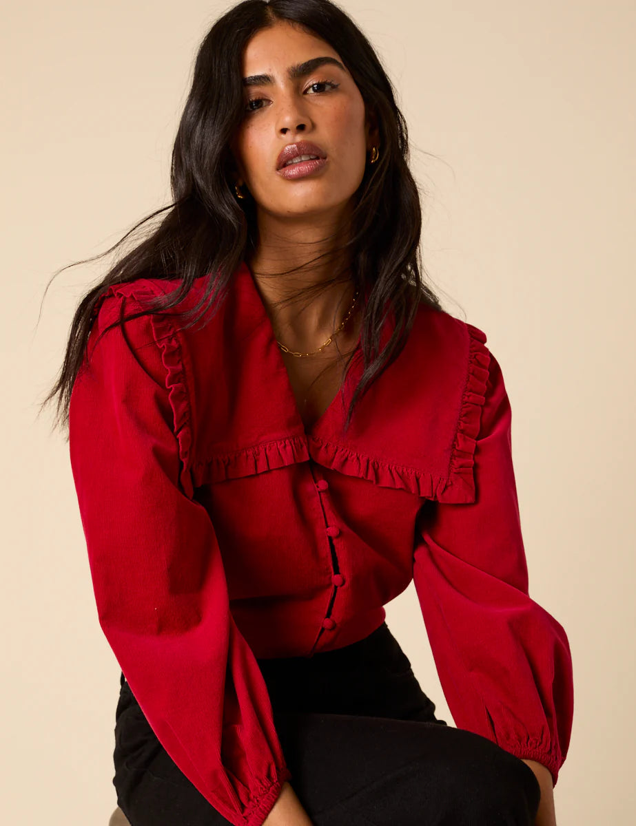 Cord Peter Pan Collar Blouse - Red