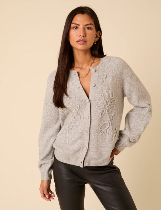 Floral Embroidered Crew Neck Cardigan - Grey