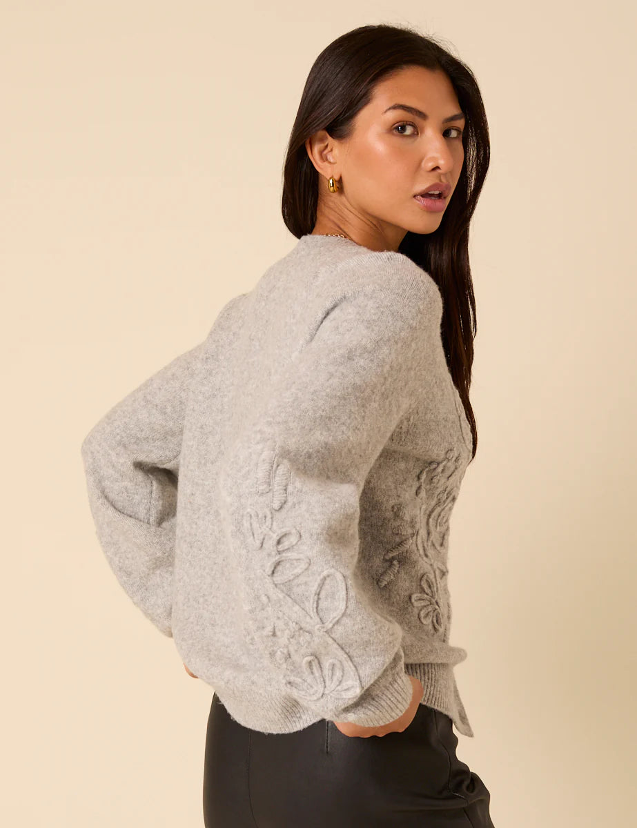 Floral Embroidered Crew Neck Cardigan - Grey
