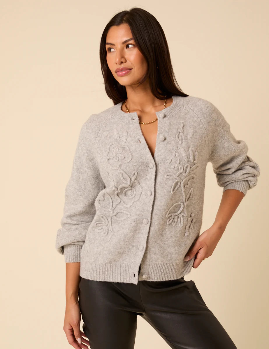 Floral Embroidered Crew Neck Cardigan - Grey
