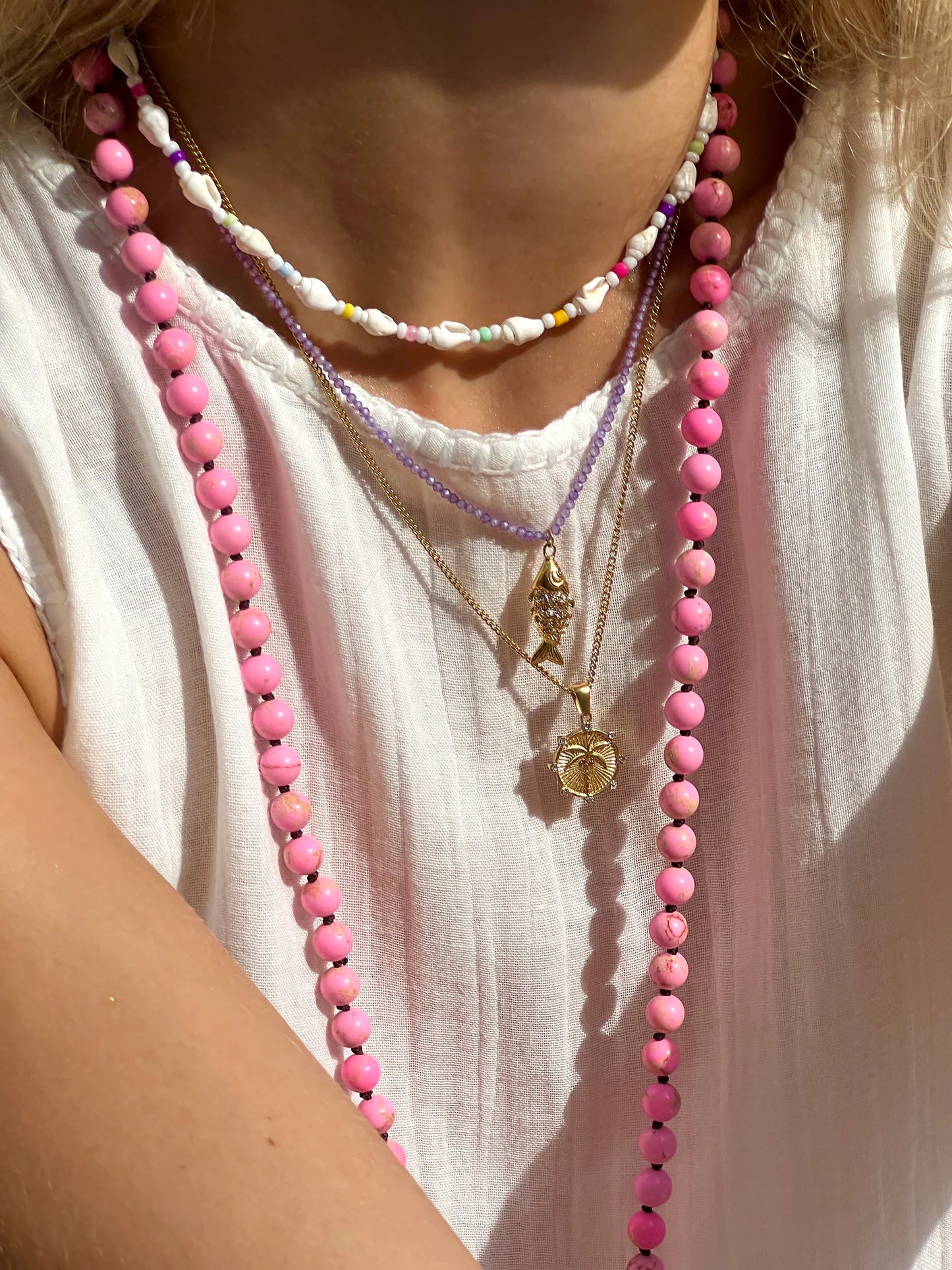 Pink Palm Tree Gold Necklace
