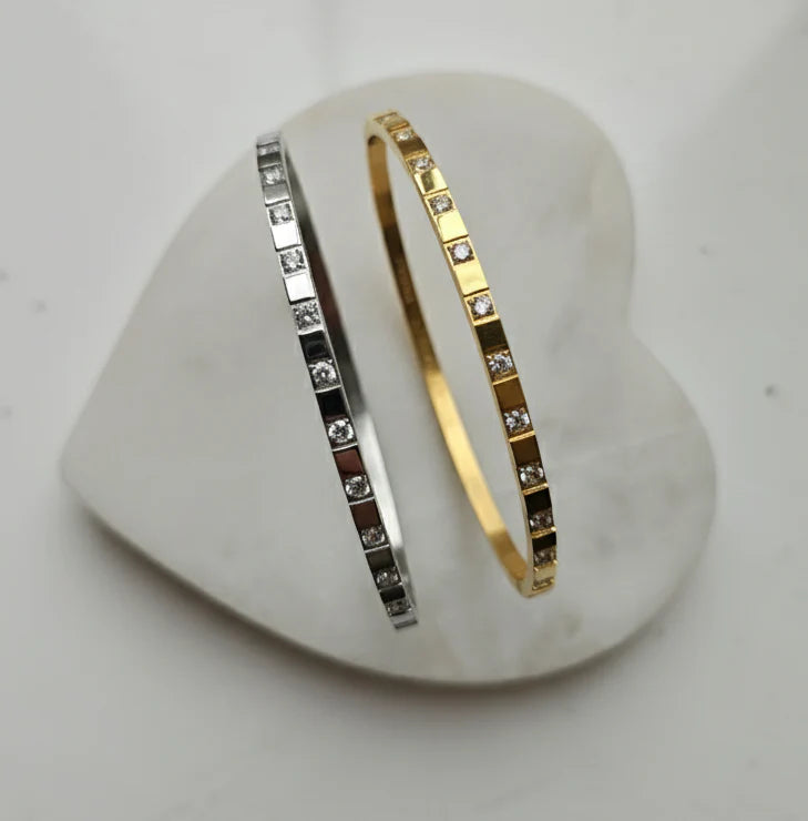 Luxe Square Engraved CZ Bracelet Bangle - Gold or Silver