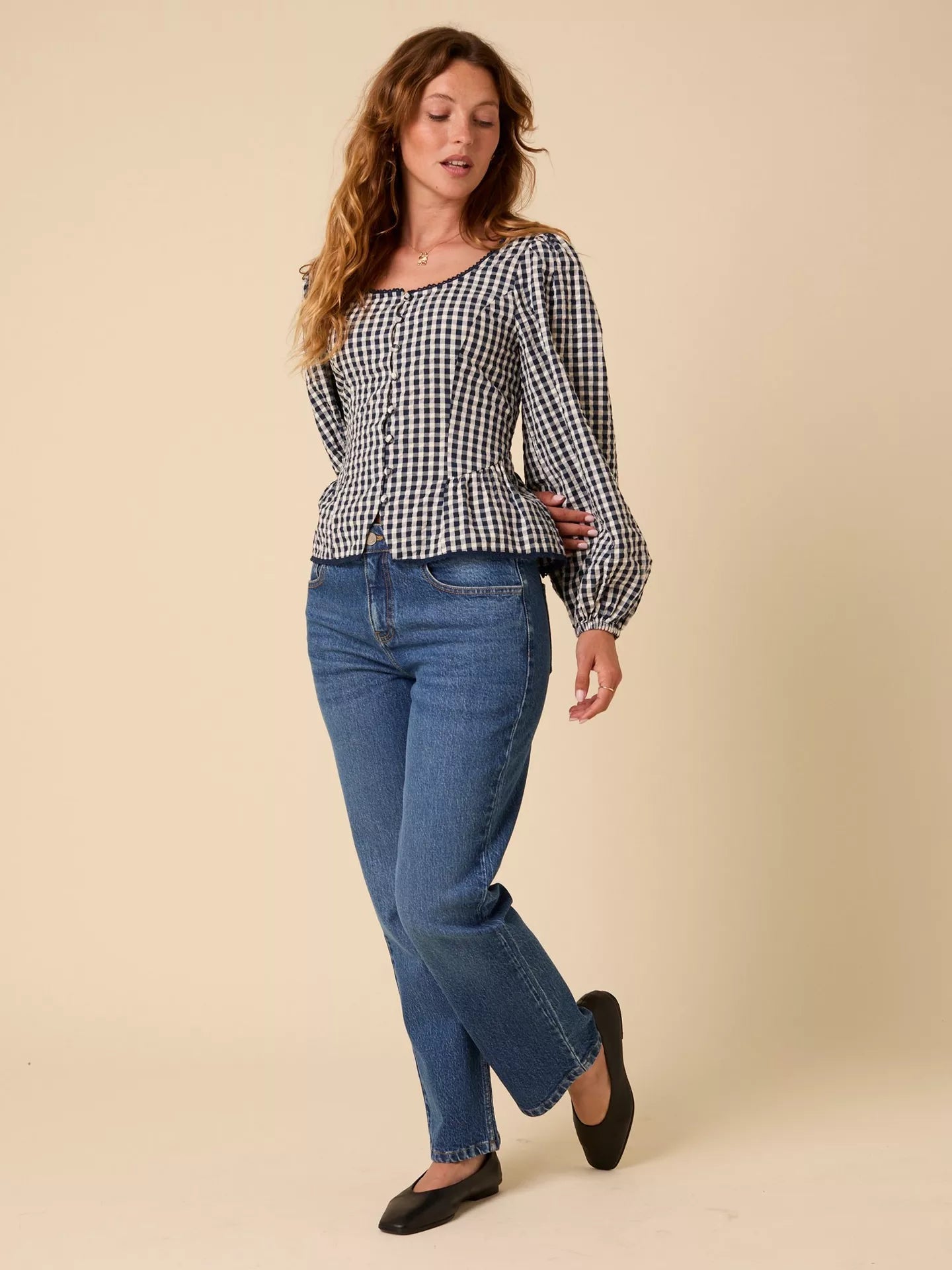 Edie Gingham Long Sleeve Top - Navy