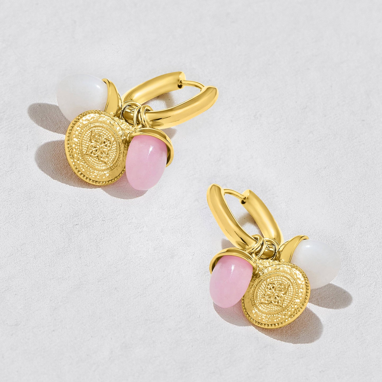 Oasis Gemstone Charm Hoop Earrings Pink And White