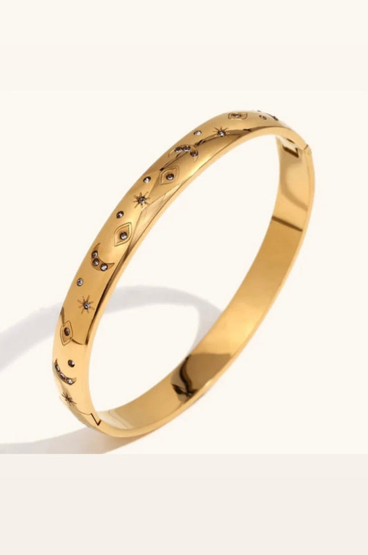 Moon and Star Engraved Bracelet Bangle - Gold