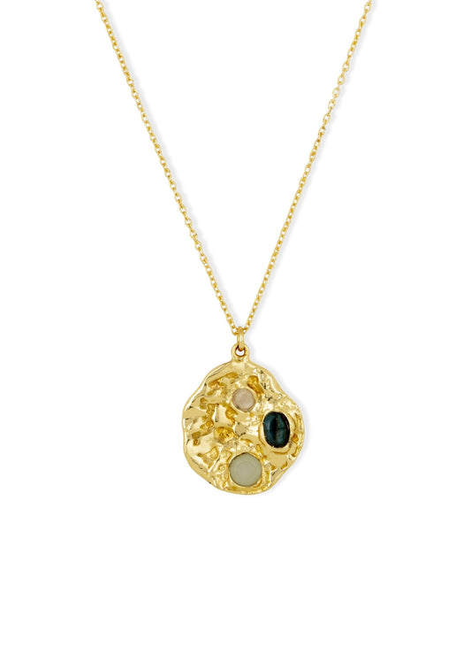 Rhode Gemstone Coin Pendant Necklace Aqua & Labradorite