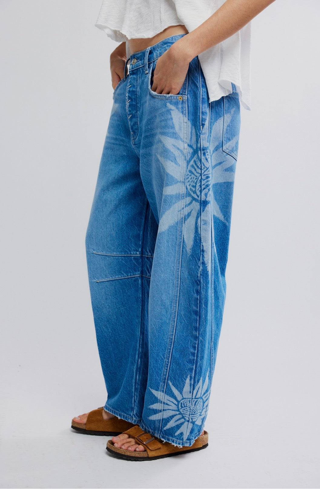 We The Free Good Luck Printed Barrel Jeans - Indigo Blue