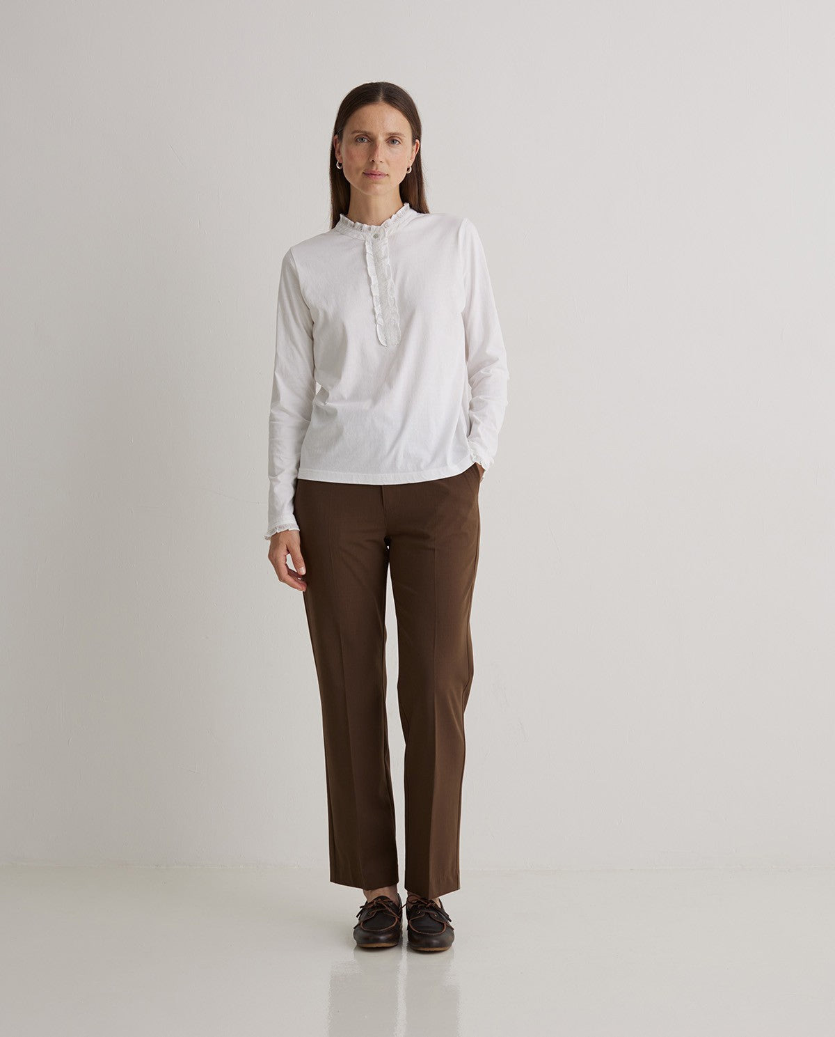 Ruffled Henley Long Sleeve Top - White