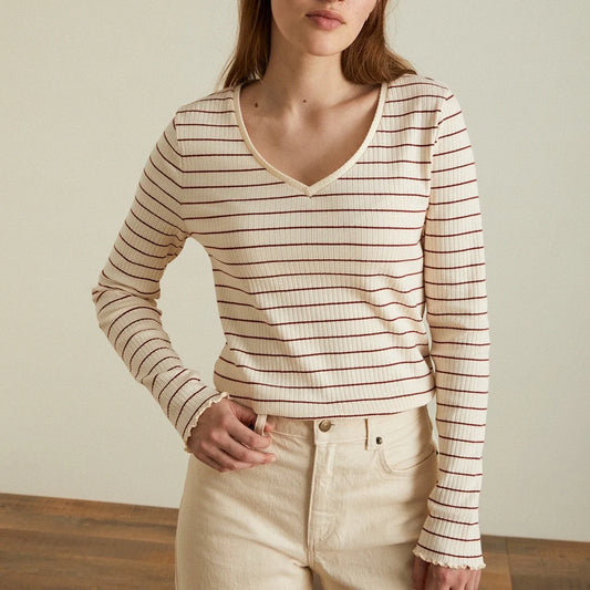 Ribbed V Neck - Ecru/Tile Stripe